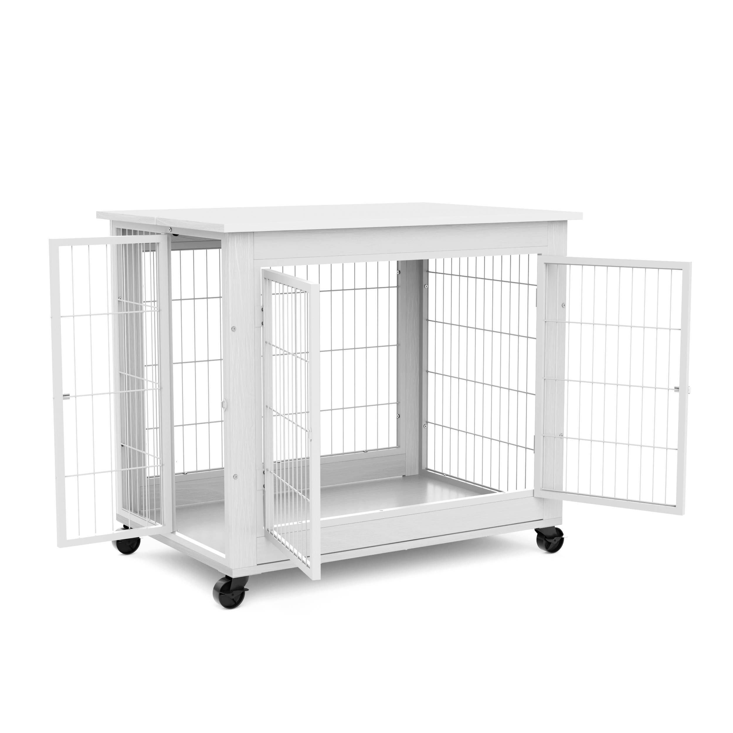 Cage pour chien en bois avec double porte, toit ouvrant, avec roulettes, blanche, 80 x 56 x 69.5 cm - PANGIVO - Image 9
