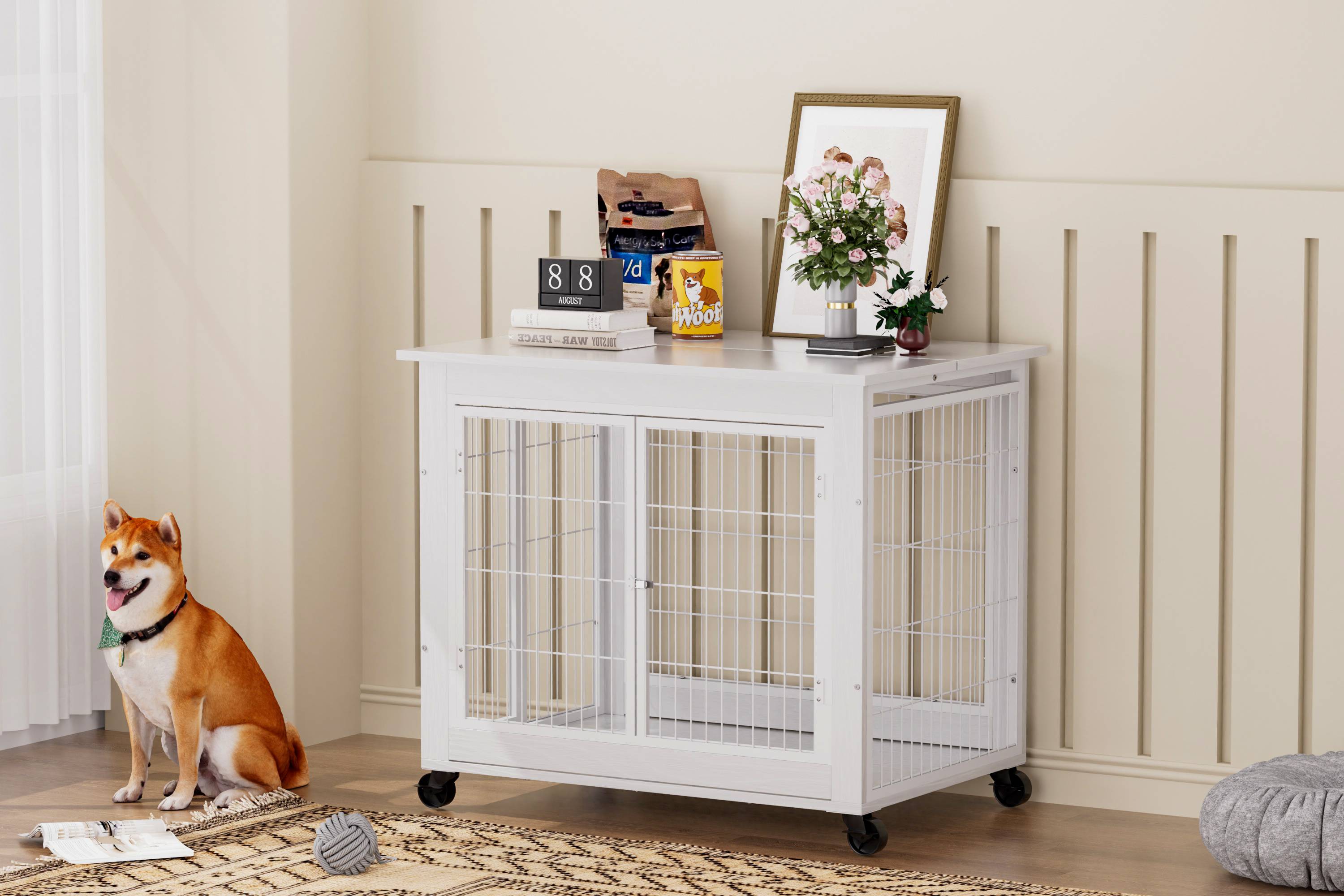Cage pour chien en bois avec double porte, toit ouvrant, avec roulettes, blanche, 80 x 56 x 69.5 cm - PANGIVO - Image 5