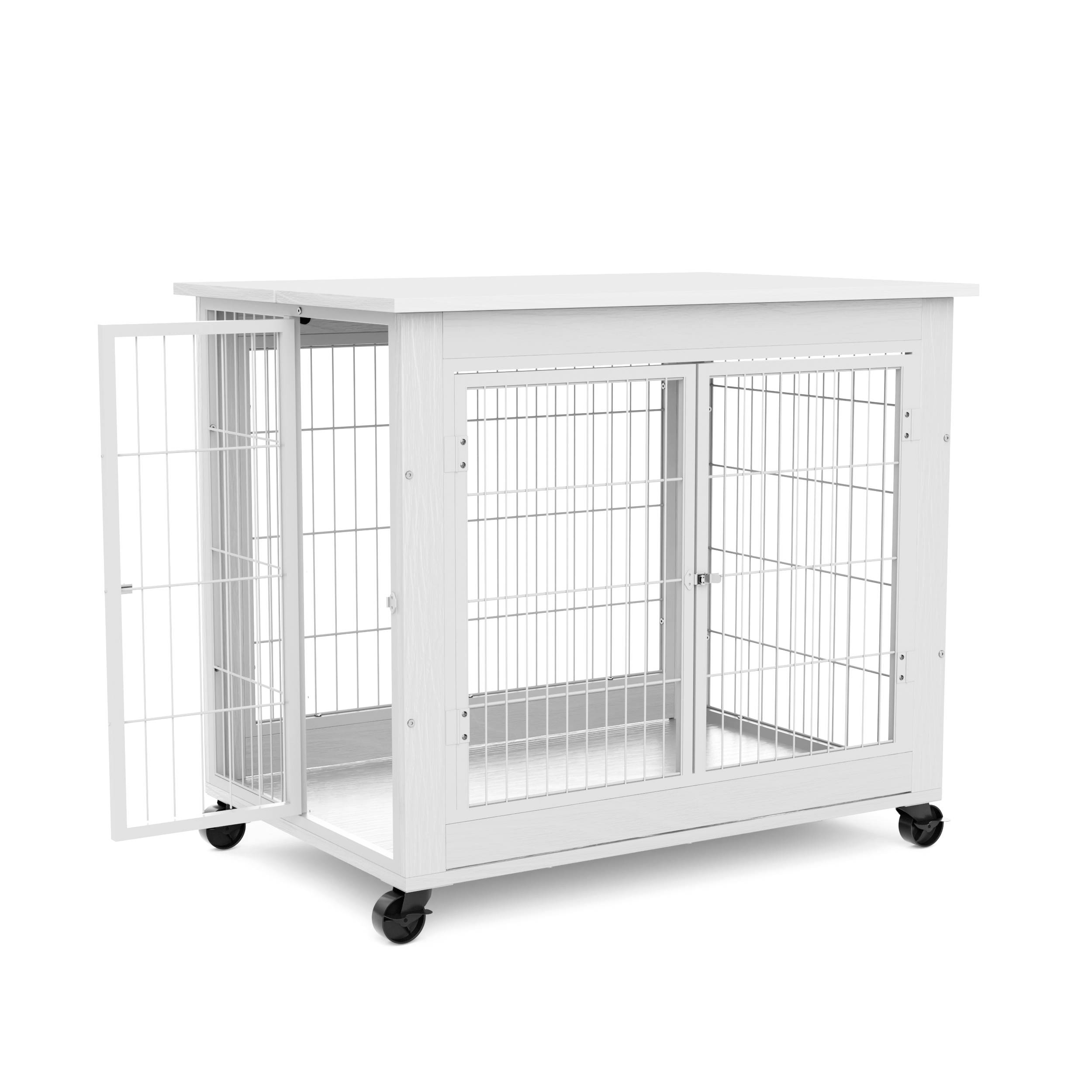 Cage pour chien en bois avec double porte, toit ouvrant, avec roulettes, blanche, 80 x 56 x 69.5 cm - PANGIVO - Image 8