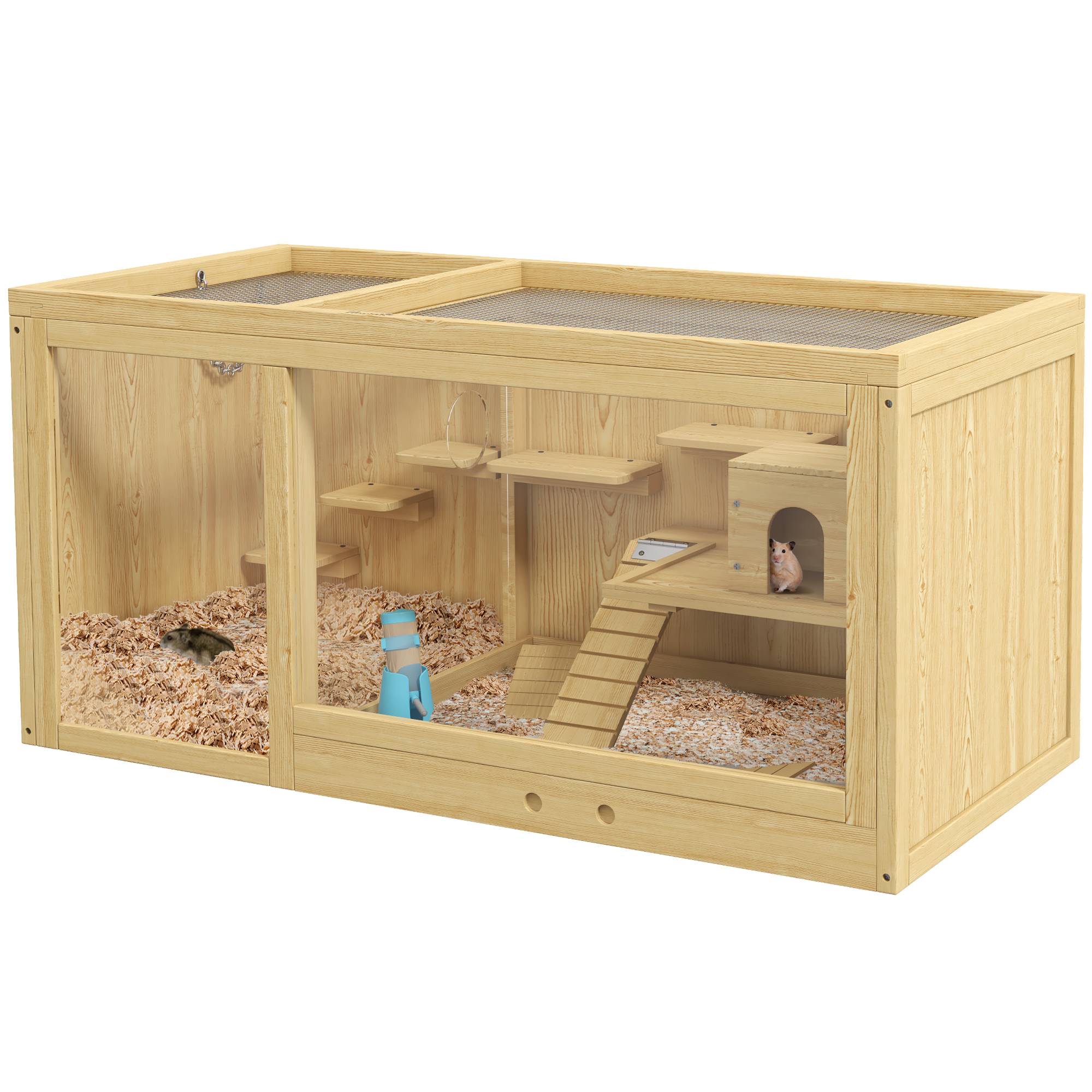 Sans Marque - Cage petits animaux/rongeurs bois sapin accessoires biberon 100x50x50 cm naturel - Image 1
