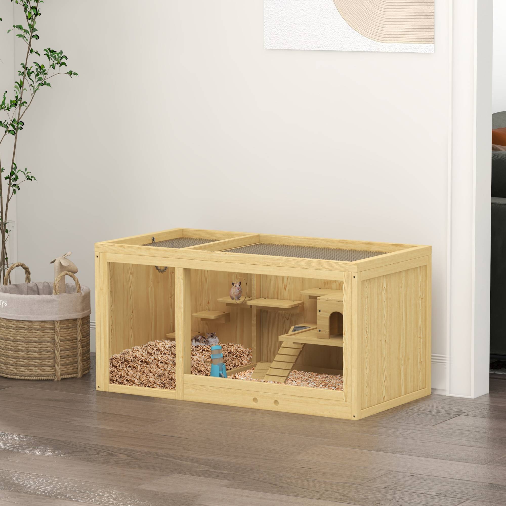 Sans Marque - Cage petits animaux/rongeurs bois sapin accessoires biberon 100x50x50 cm naturel - Image 4