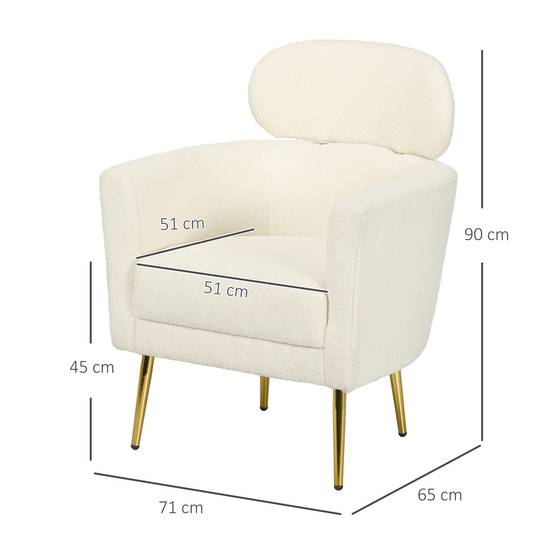 Fauteuil salon avec appuie-tête amovible, fauteuil crapaud en peluche teddy, pieds en métal, 71 x 65 x 90 cm, crème - Image 5
