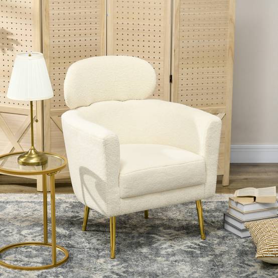 Fauteuil salon avec appuie-tête amovible, fauteuil crapaud en peluche teddy, pieds en métal, 71 x 65 x 90 cm, crème - Image 3