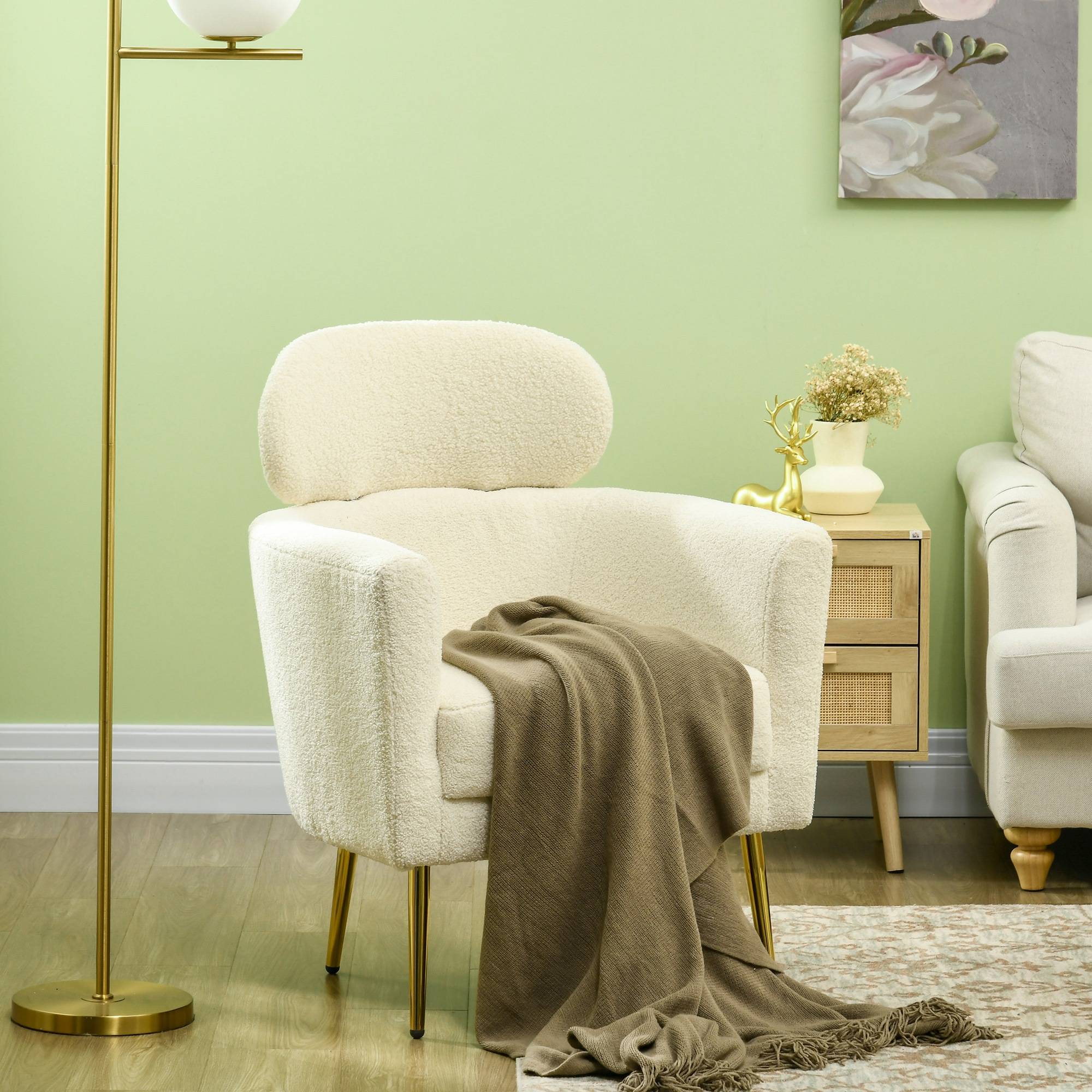 Fauteuil salon avec appuie-tête amovible, fauteuil crapaud en peluche teddy, pieds en métal, 71 x 65 x 90 cm, crème - Image 4