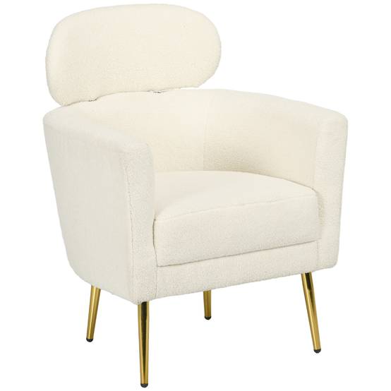 Fauteuil salon avec appuie-tête amovible, fauteuil crapaud en peluche teddy, pieds en métal, 71 x 65 x 90 cm, crème - Image 1