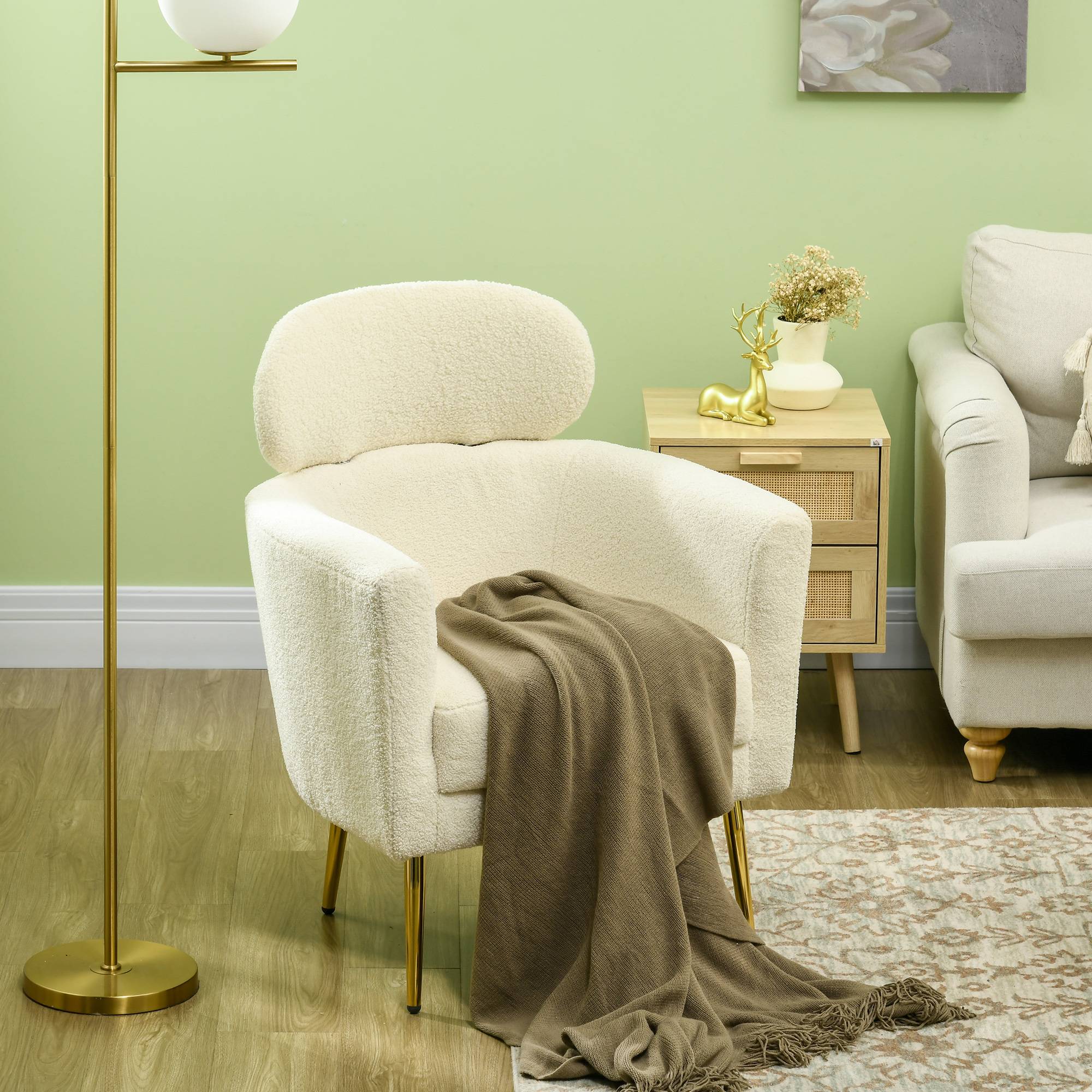 Fauteuil salon avec appuie-tête amovible, fauteuil crapaud en peluche teddy, pieds en métal, 71 x 65 x 90 cm, crème - Image 9