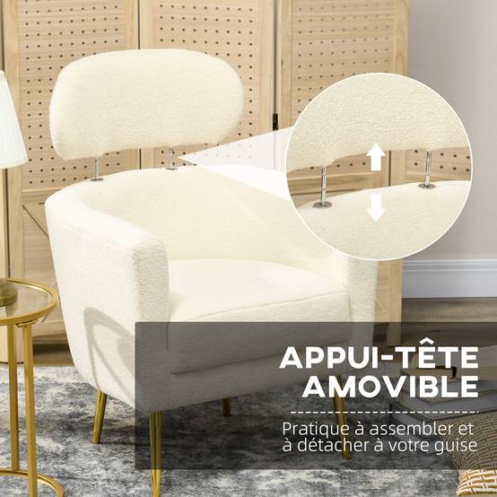Fauteuil salon avec appuie-tête amovible, fauteuil crapaud en peluche teddy, pieds en métal, 71 x 65 x 90 cm, crème - Image 6