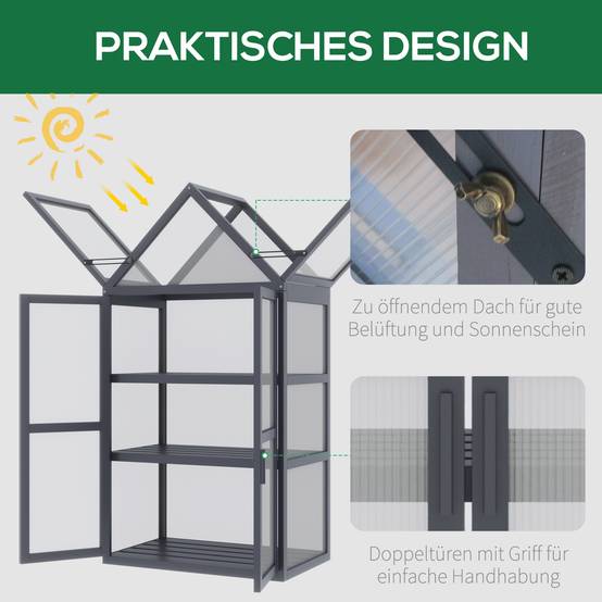 Serre de balcon bois sapin polycarbonate 3 niveaux double porte 70x42x132cm gris - ComfortXL Outdoor Living - Image 7
