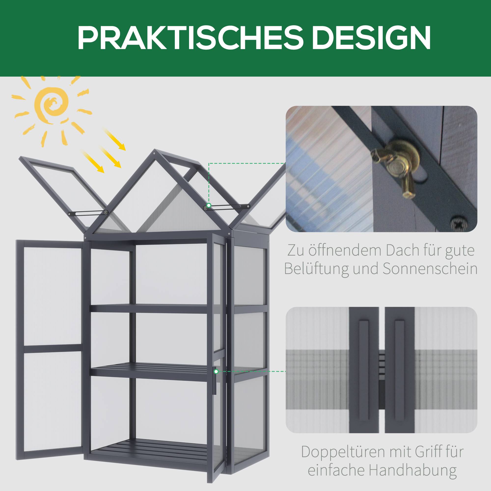 Serre de balcon bois sapin polycarbonate 3 niveaux double porte 70x42x132cm gris - ComfortXL Outdoor Living - Image 7
