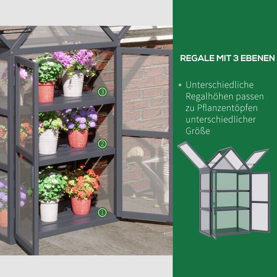 Serre de balcon bois sapin polycarbonate 3 niveaux double porte 70x42x132cm gris - ComfortXL Outdoor Living - Image 8