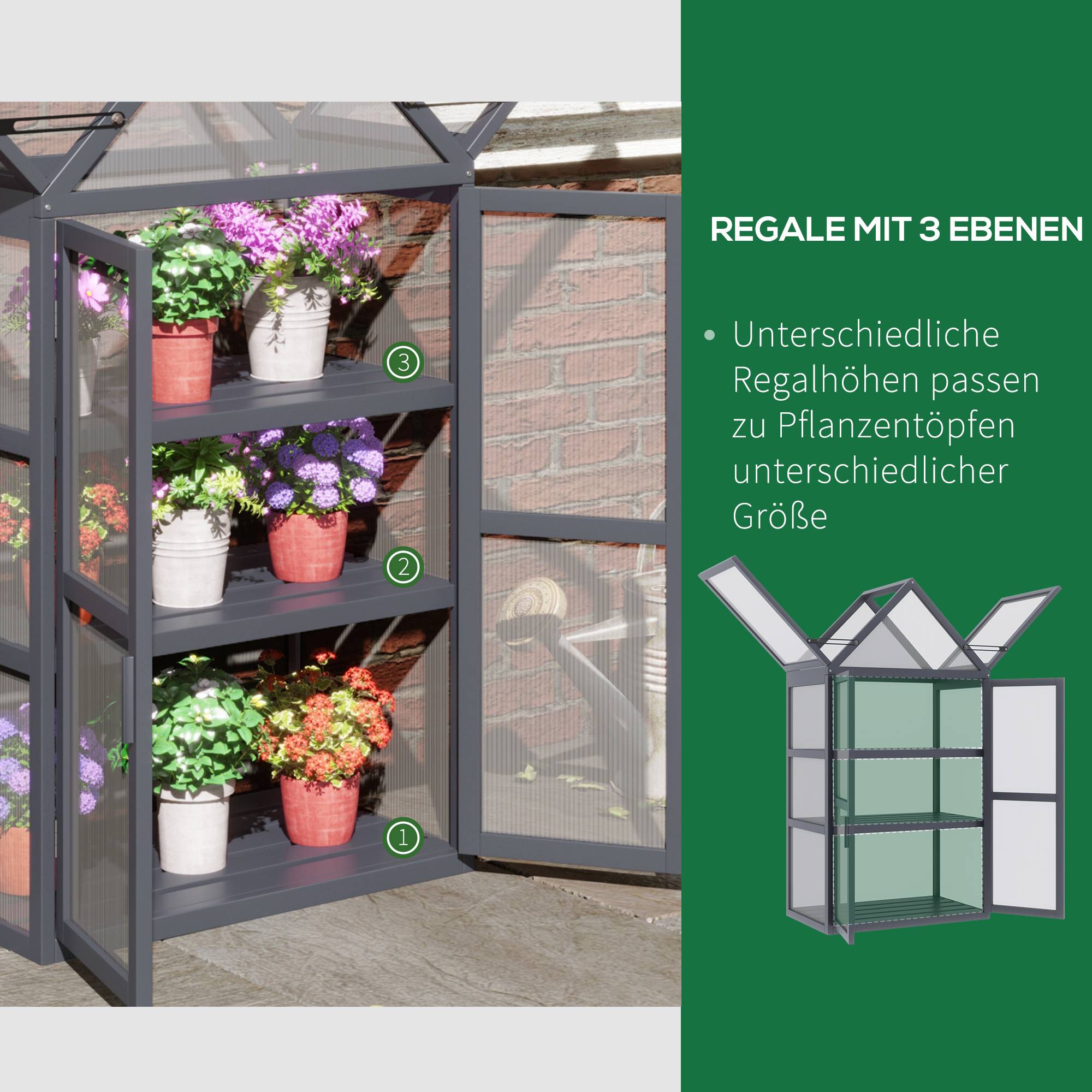 Serre de balcon bois sapin polycarbonate 3 niveaux double porte 70x42x132cm gris - ComfortXL Outdoor Living - Image 8