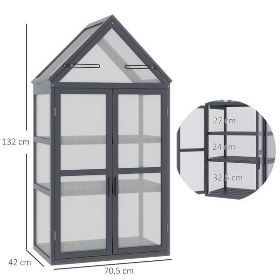Serre de balcon bois sapin polycarbonate 3 niveaux double porte 70x42x132cm gris - ComfortXL Outdoor Living - Image 5