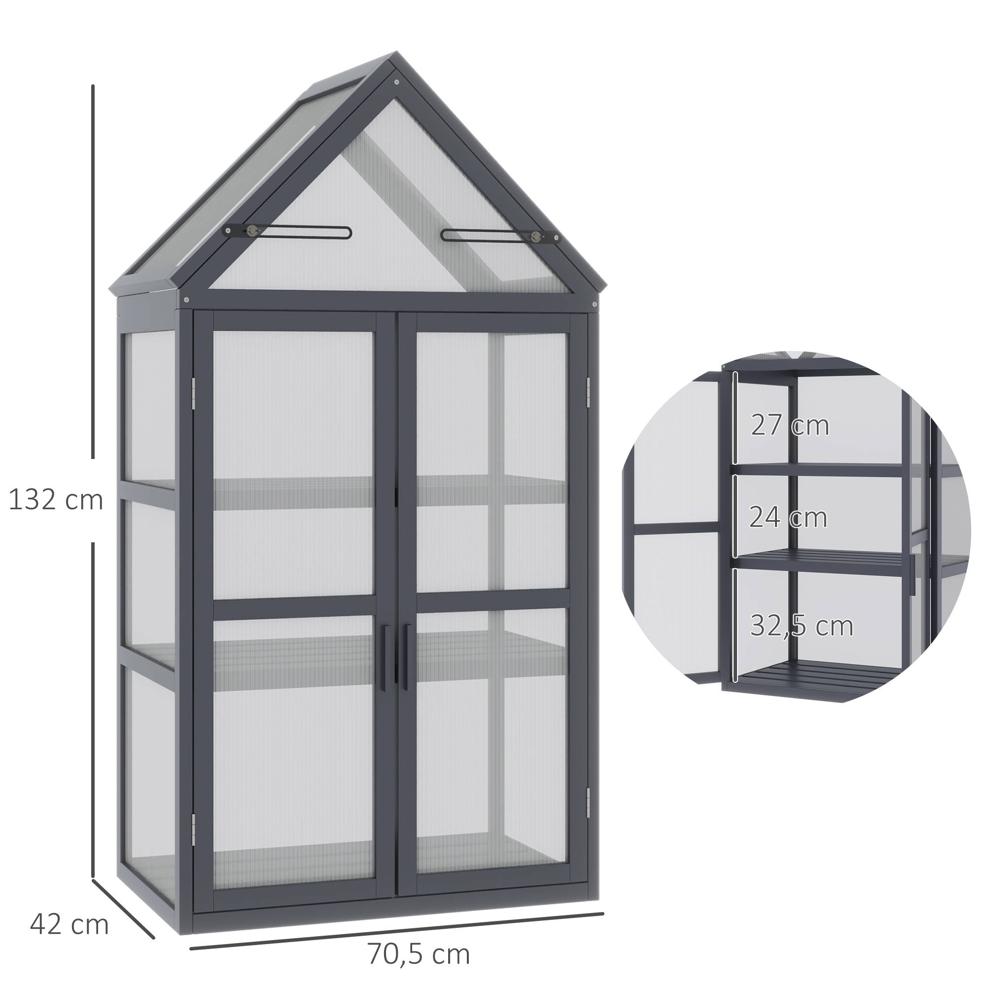 Serre de balcon bois sapin polycarbonate 3 niveaux double porte 70x42x132cm gris - ComfortXL Outdoor Living - Image 5