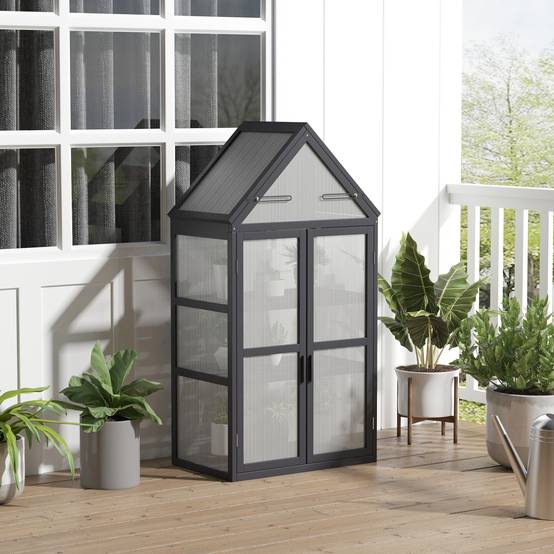 Serre de balcon bois sapin polycarbonate 3 niveaux double porte 70x42x132cm gris - ComfortXL Outdoor Living - Image 4