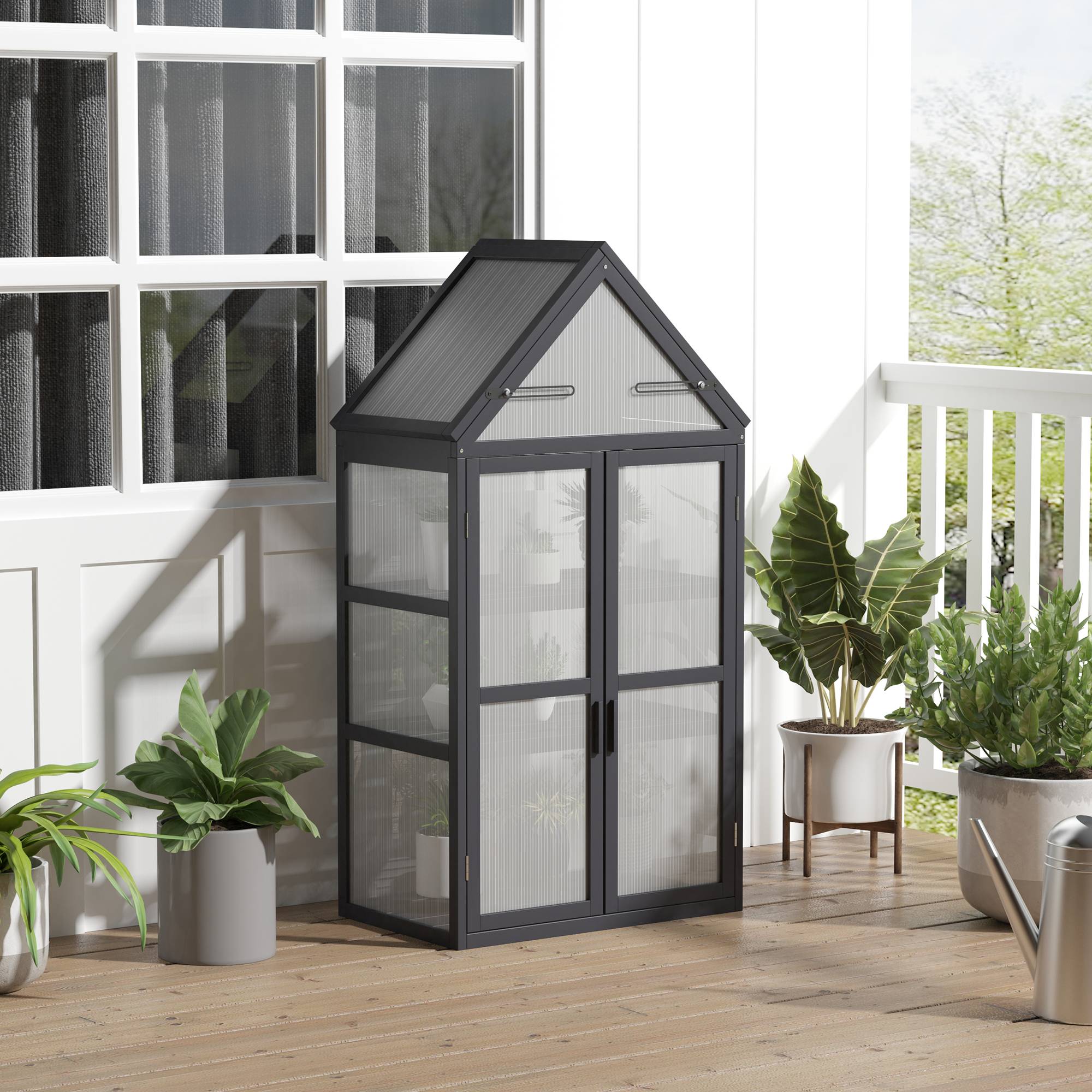 Serre de balcon bois sapin polycarbonate 3 niveaux double porte 70x42x132cm gris - ComfortXL Outdoor Living - Image 4