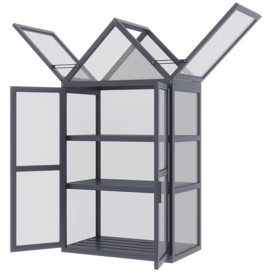 Serre de balcon bois sapin polycarbonate 3 niveaux double porte 70x42x132cm gris - ComfortXL Outdoor Living - Image 2