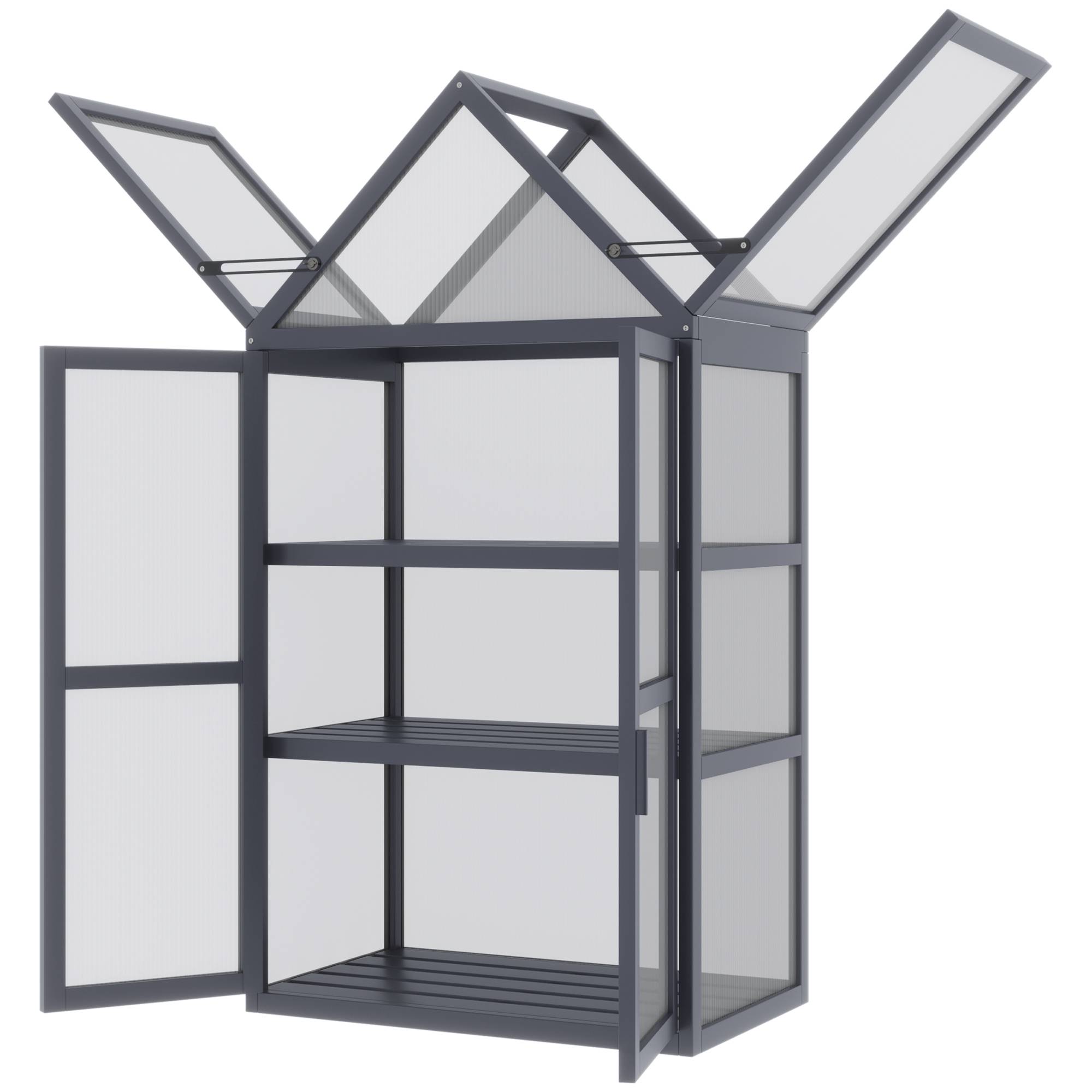 Serre de balcon bois sapin polycarbonate 3 niveaux double porte 70x42x132cm gris - ComfortXL Outdoor Living - Image 2