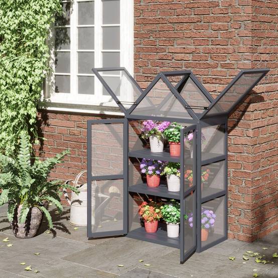 Serre de balcon bois sapin polycarbonate 3 niveaux double porte 70x42x132cm gris - ComfortXL Outdoor Living - Image 3