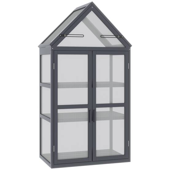 Serre de balcon bois sapin polycarbonate 3 niveaux double porte 70x42x132cm gris - ComfortXL Outdoor Living - Image 1