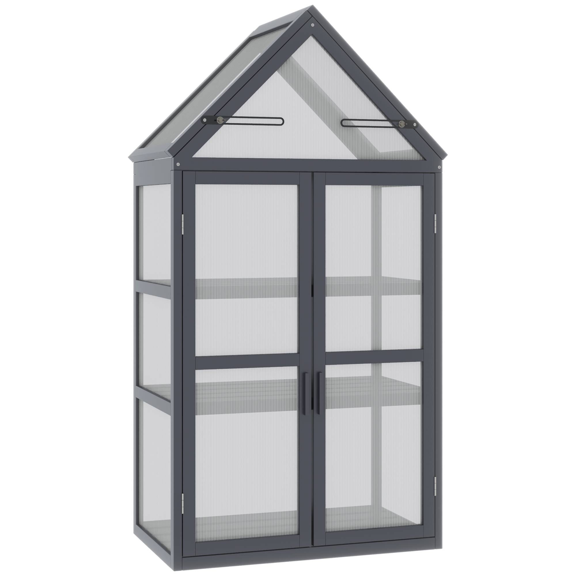 Serre de balcon bois sapin polycarbonate 3 niveaux double porte 70x42x132cm gris - ComfortXL Outdoor Living - Image 1