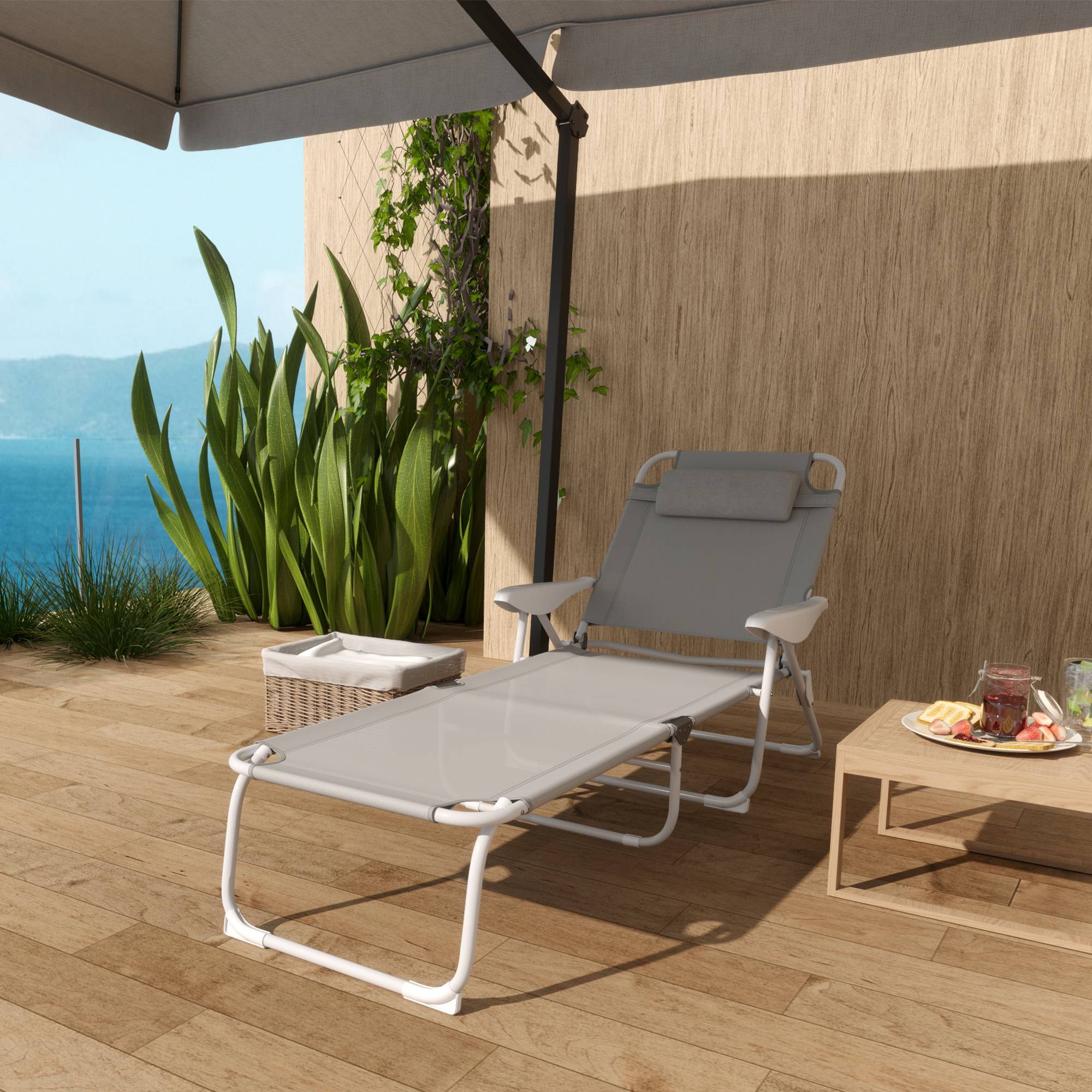 Transat pliant avec dossier et appui-tête réglables et structure en métal 160 x 66 x 98 cm Gris et blanc - Image 10