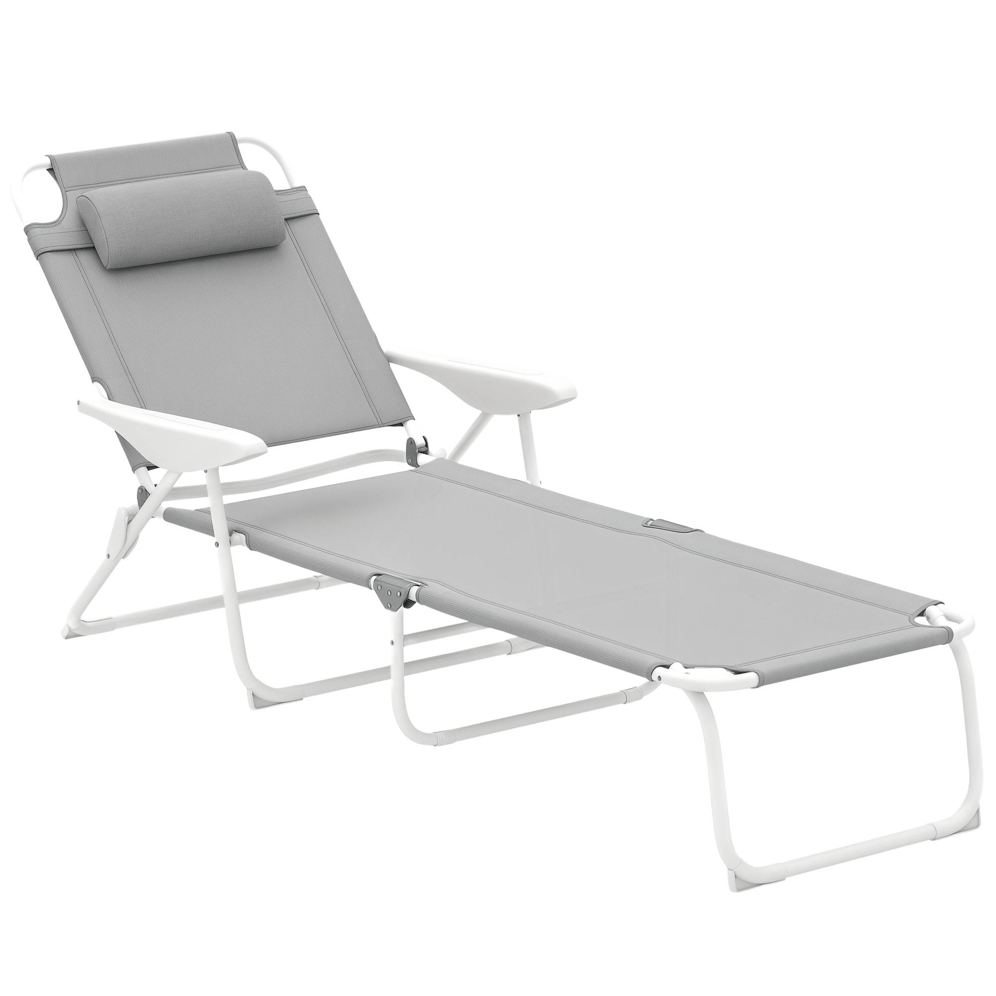 Transat pliant avec dossier et appui-tête réglables et structure en métal 160 x 66 x 98 cm Gris et blanc - Image 1