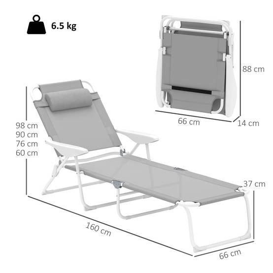 Transat pliant avec dossier et appui-tête réglables et structure en métal 160 x 66 x 98 cm Gris et blanc - Image 5