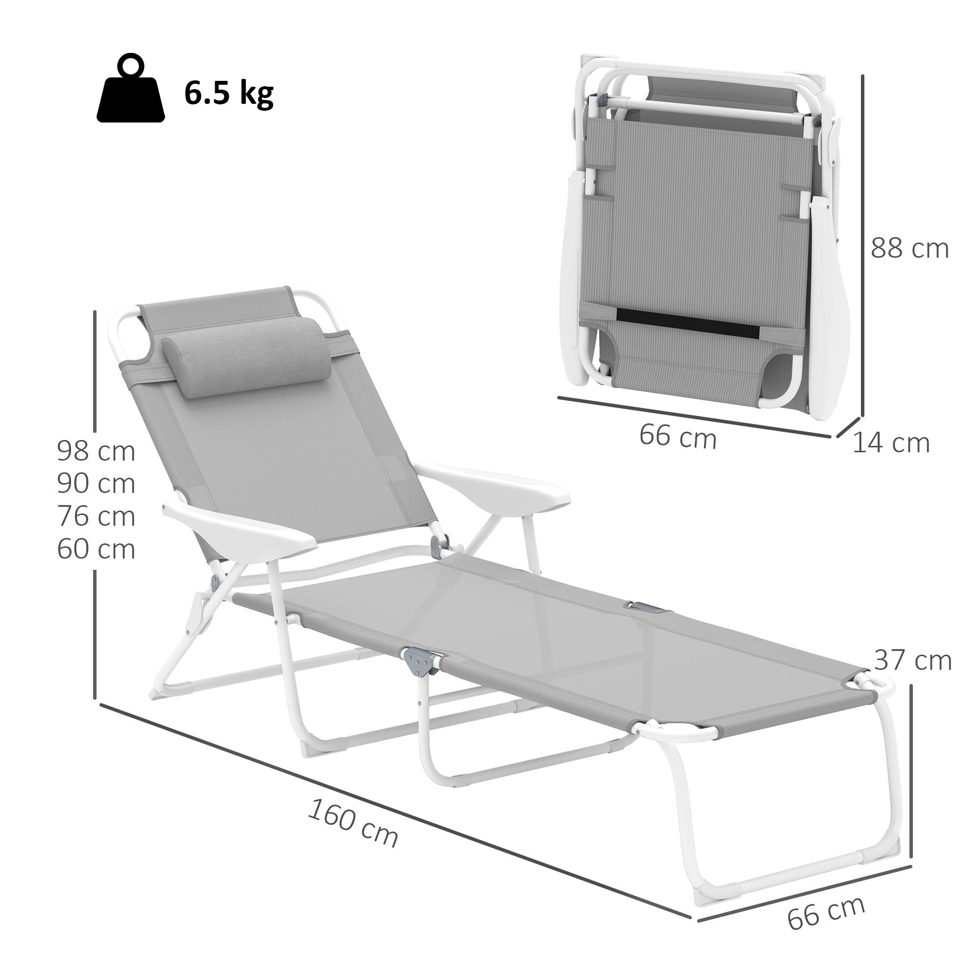 Transat pliant avec dossier et appui-tête réglables et structure en métal 160 x 66 x 98 cm Gris et blanc - Image 5