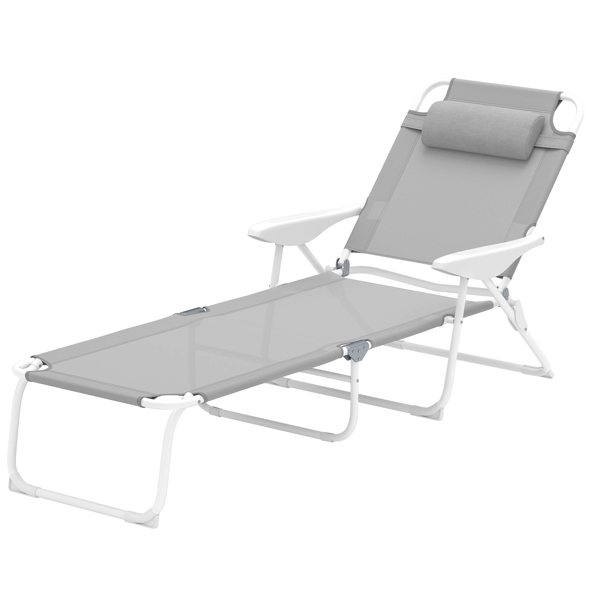 Transat pliant avec dossier et appui-tête réglables et structure en métal 160 x 66 x 98 cm Gris et blanc - Image 2