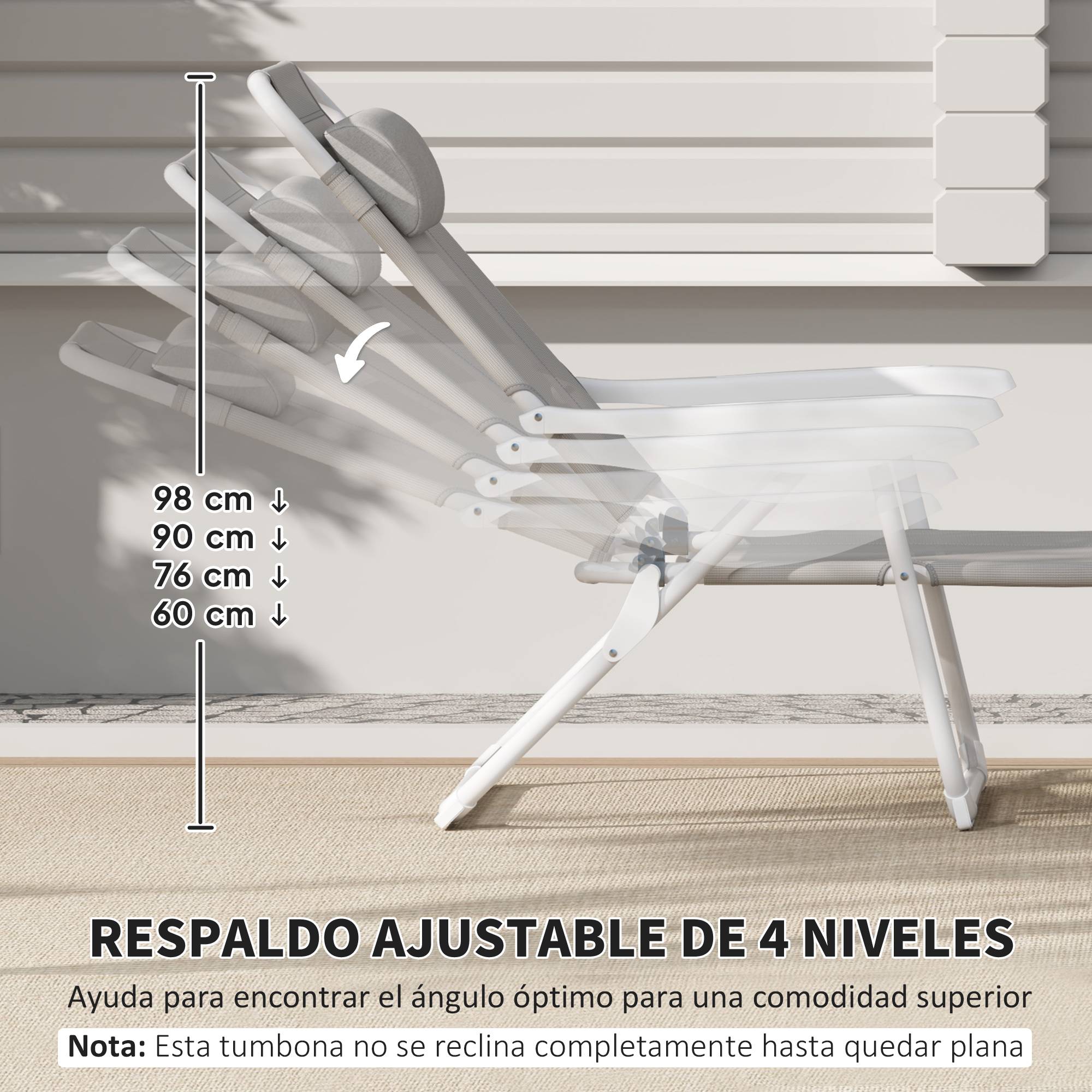 Transat pliant avec dossier et appui-tête réglables et structure en métal 160 x 66 x 98 cm Gris et blanc - Image 9