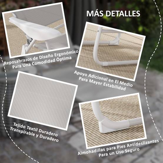 Transat pliant avec dossier et appui-tête réglables et structure en métal 160 x 66 x 98 cm Gris et blanc - Image 7