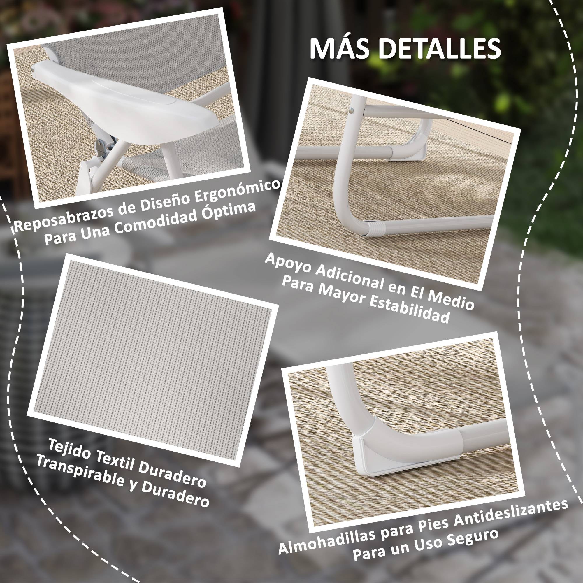 Transat pliant avec dossier et appui-tête réglables et structure en métal 160 x 66 x 98 cm Gris et blanc - Image 7