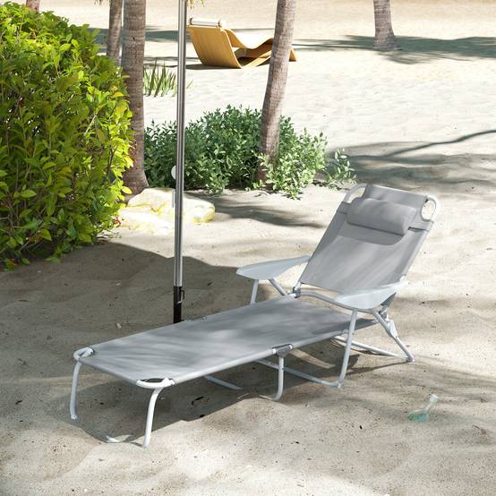 Transat pliant avec dossier et appui-tête réglables et structure en métal 160 x 66 x 98 cm Gris et blanc - Image 4