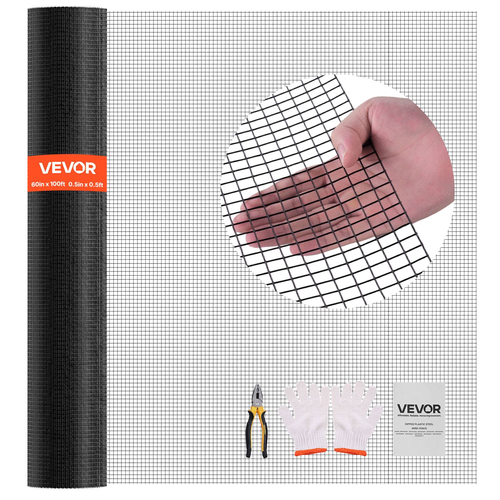 Vevor - VEVOR Grillage métallique noir soudé 1,27 cm x 1,27 cm, 152 x 3048 cm, fil galvanisé revêtu PVC calibre 19, rouleau 60 po x 100 pi.