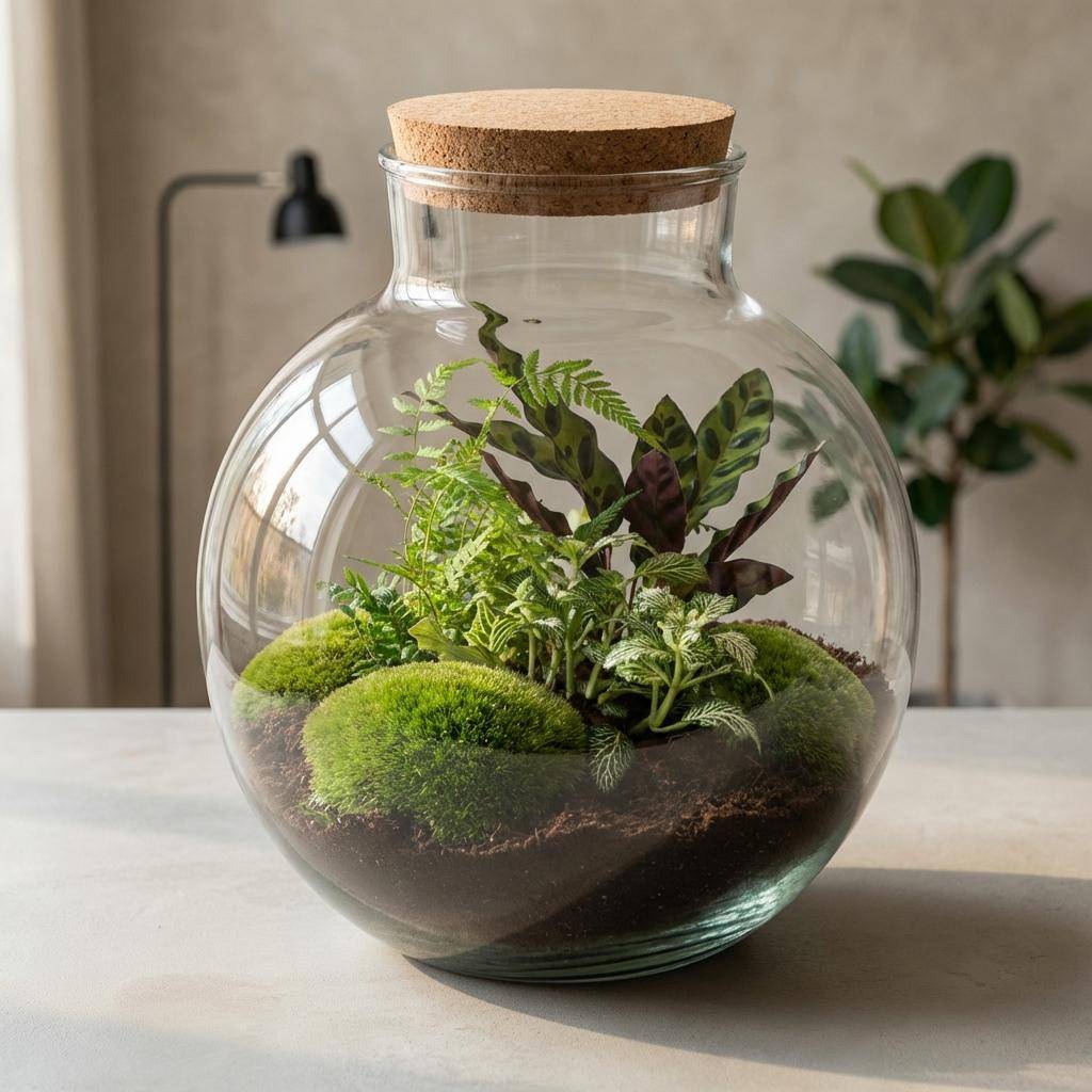 Terrarium à composer bouteille en verre recyclé - Ø31-H30cm - avec râteau et pelle - Calathea White - Terrarium DIY - Image 2