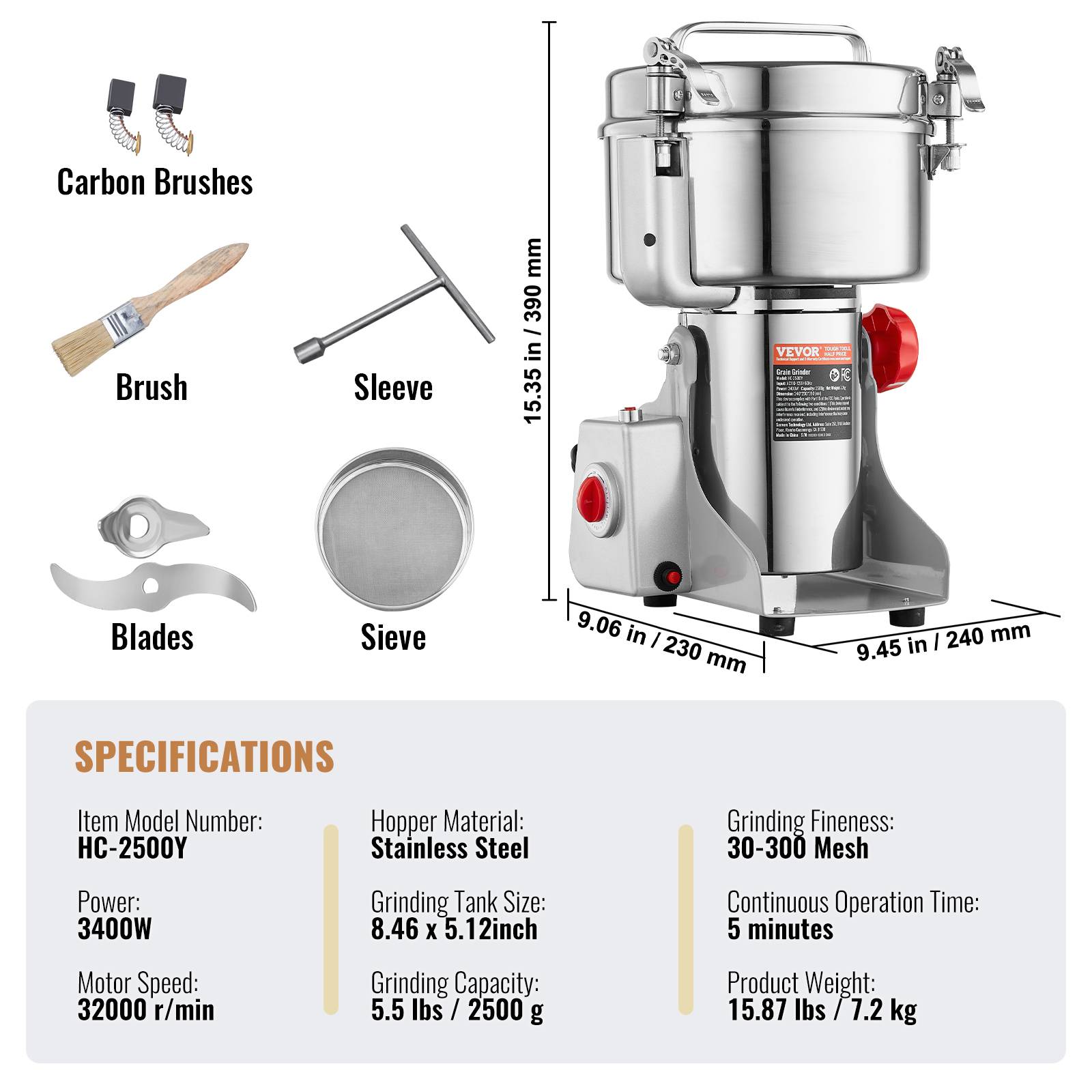VEVOR Moulin à épices électrique 2500g 3400W, inox, type oscillant, pour céréales, épices, herbes, cafés. - Image 7