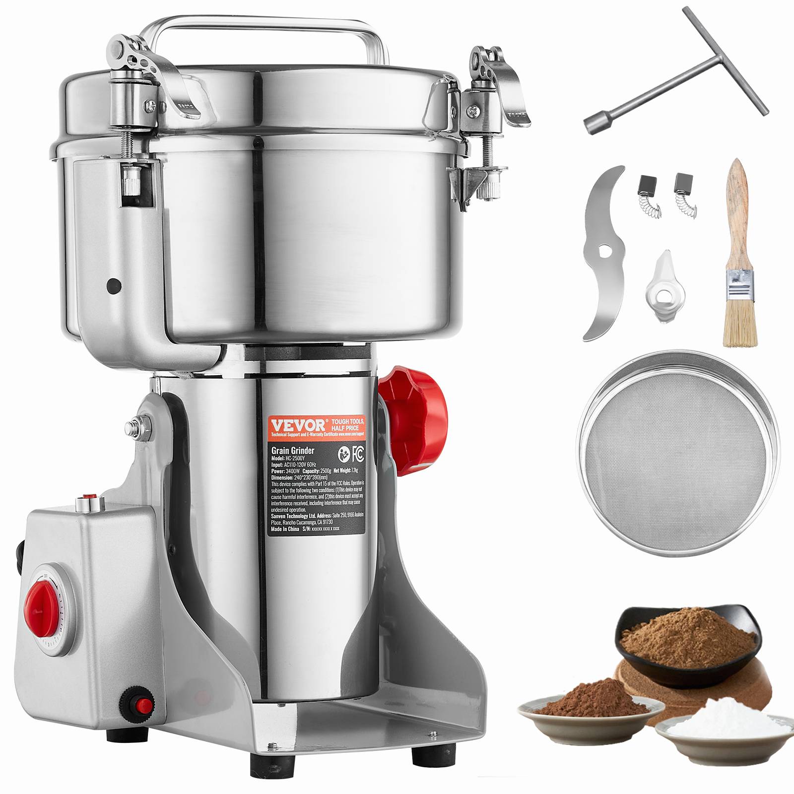VEVOR Moulin à épices électrique 2500g 3400W, inox, type oscillant, pour céréales, épices, herbes, cafés. - Image 1