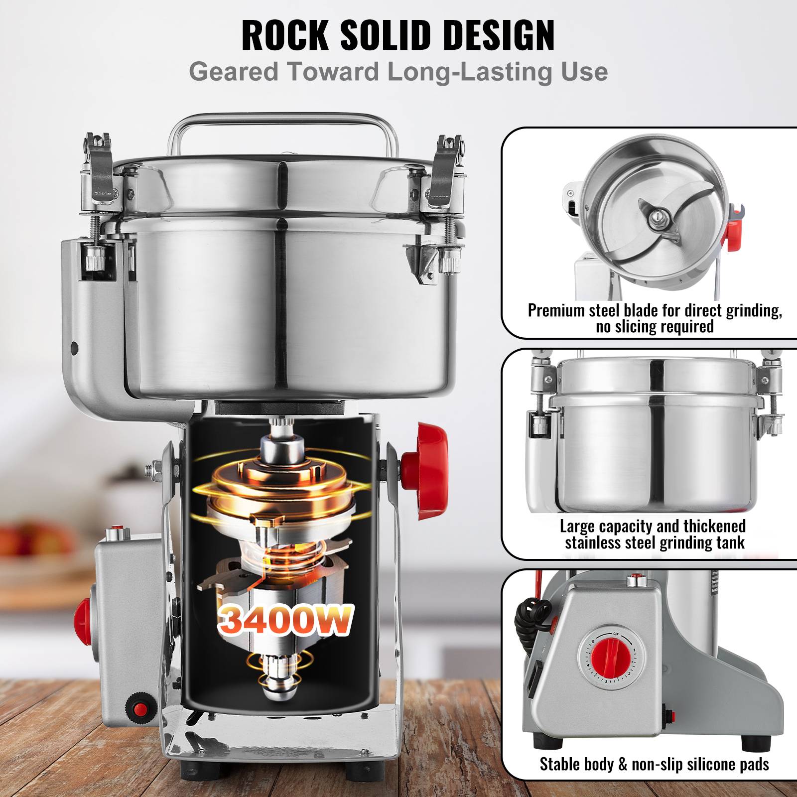 VEVOR Moulin à épices électrique 2500g 3400W, inox, type oscillant, pour céréales, épices, herbes, cafés. - Image 3
