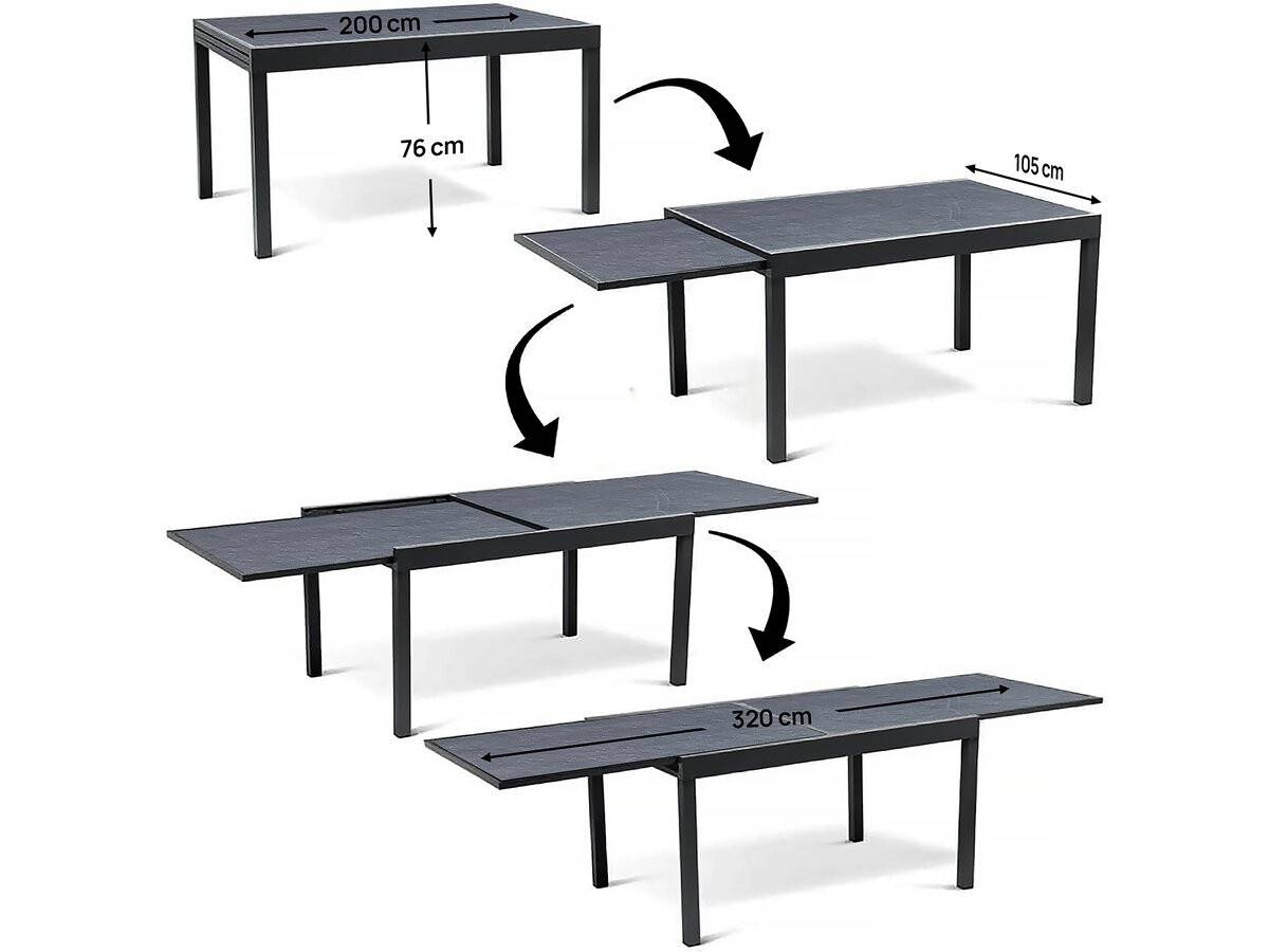Table Extensible Et Chaises De Jardin En Aluminium "lagos" - 200/320 X 105 X 76 Cm - 12 Places - Gris Foncé -habitat Et Jardin - Image 2