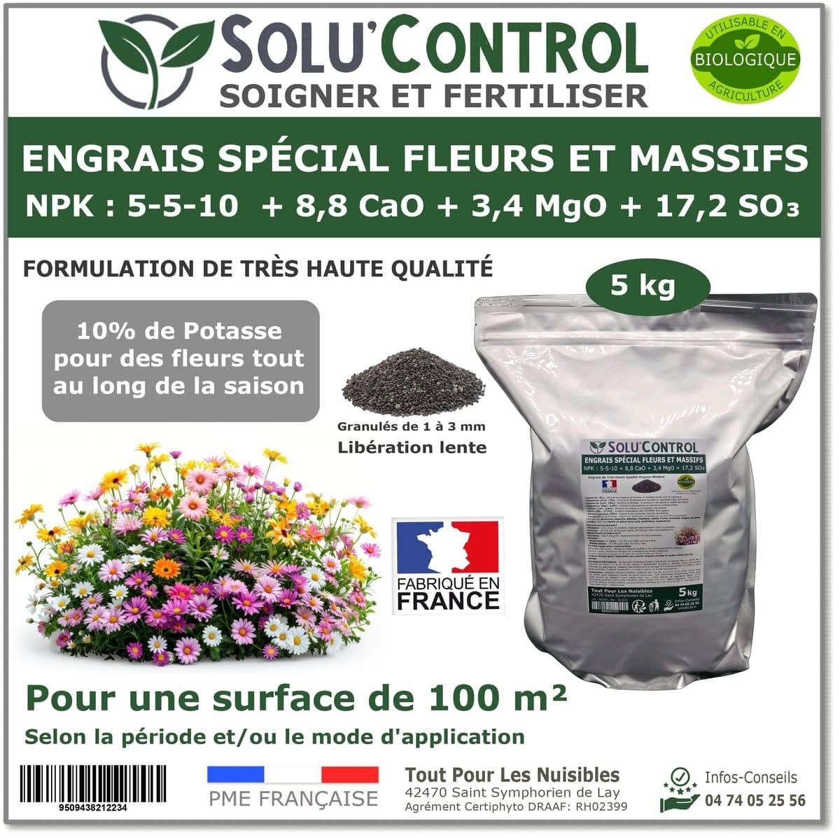 SOLU’CONTROL - 5 kg - Engrais Spécial Fleurs et Massifs NPK 5-5-10 - Favorise une floraison abondante, éclatante et durable - UAB