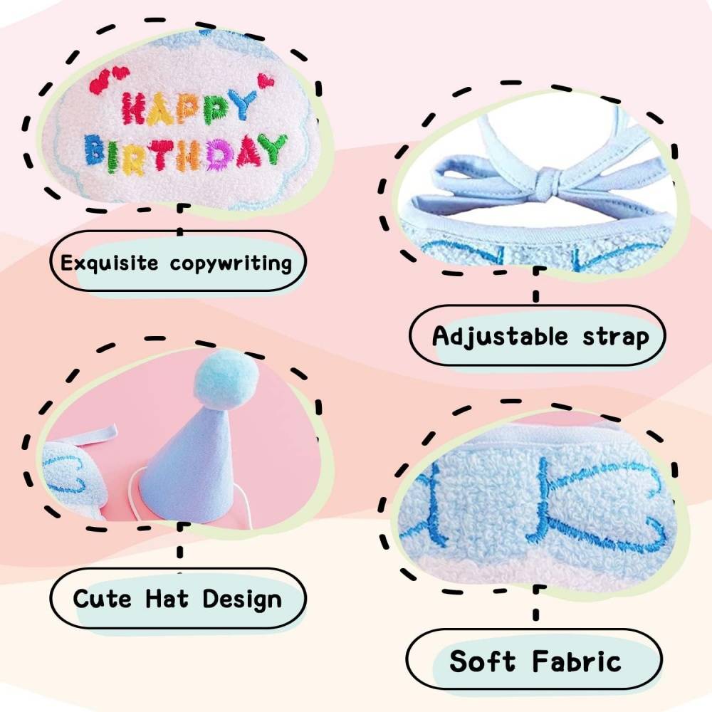 Set fête anniversaire chien/chat - Bandana + chapeau réglables - Motif "Joyeux Anniversaire" - Bleu - Living123 - Image 2