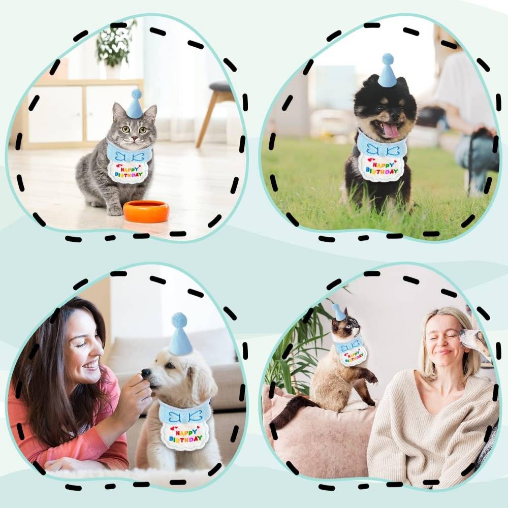 Set fête anniversaire chien/chat - Bandana + chapeau réglables - Motif "Joyeux Anniversaire" - Bleu - Living123 - Image 6