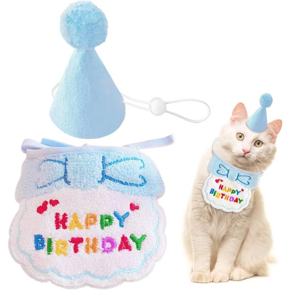 Set fête anniversaire chien/chat - Bandana + chapeau réglables - Motif "Joyeux Anniversaire" - Bleu - Living123 - Image 1
