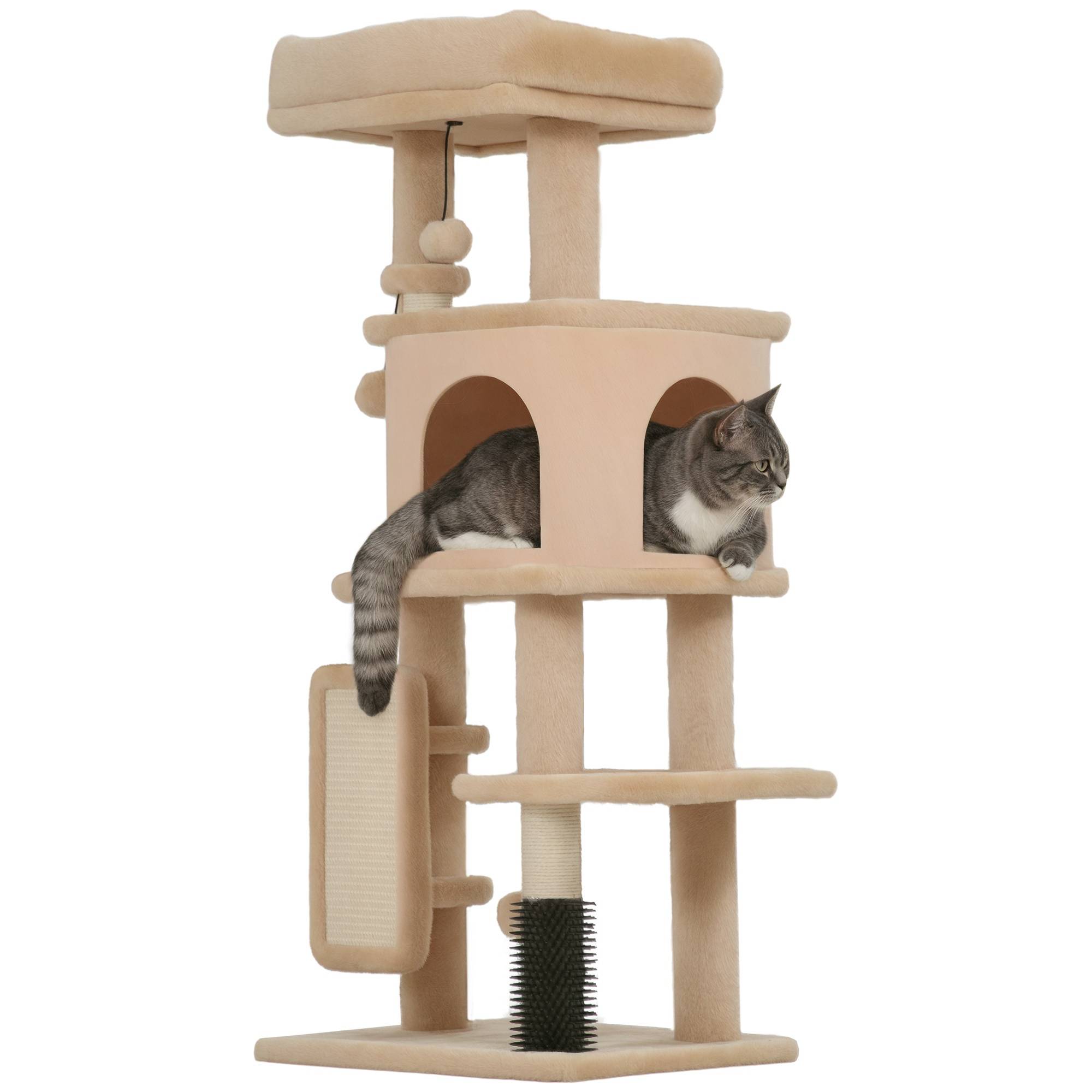 Arbre à chat beige 104 cm, griffoir, plateformes, poteau brosse, balles suspendues, tapis à griffer, complet - Image 1