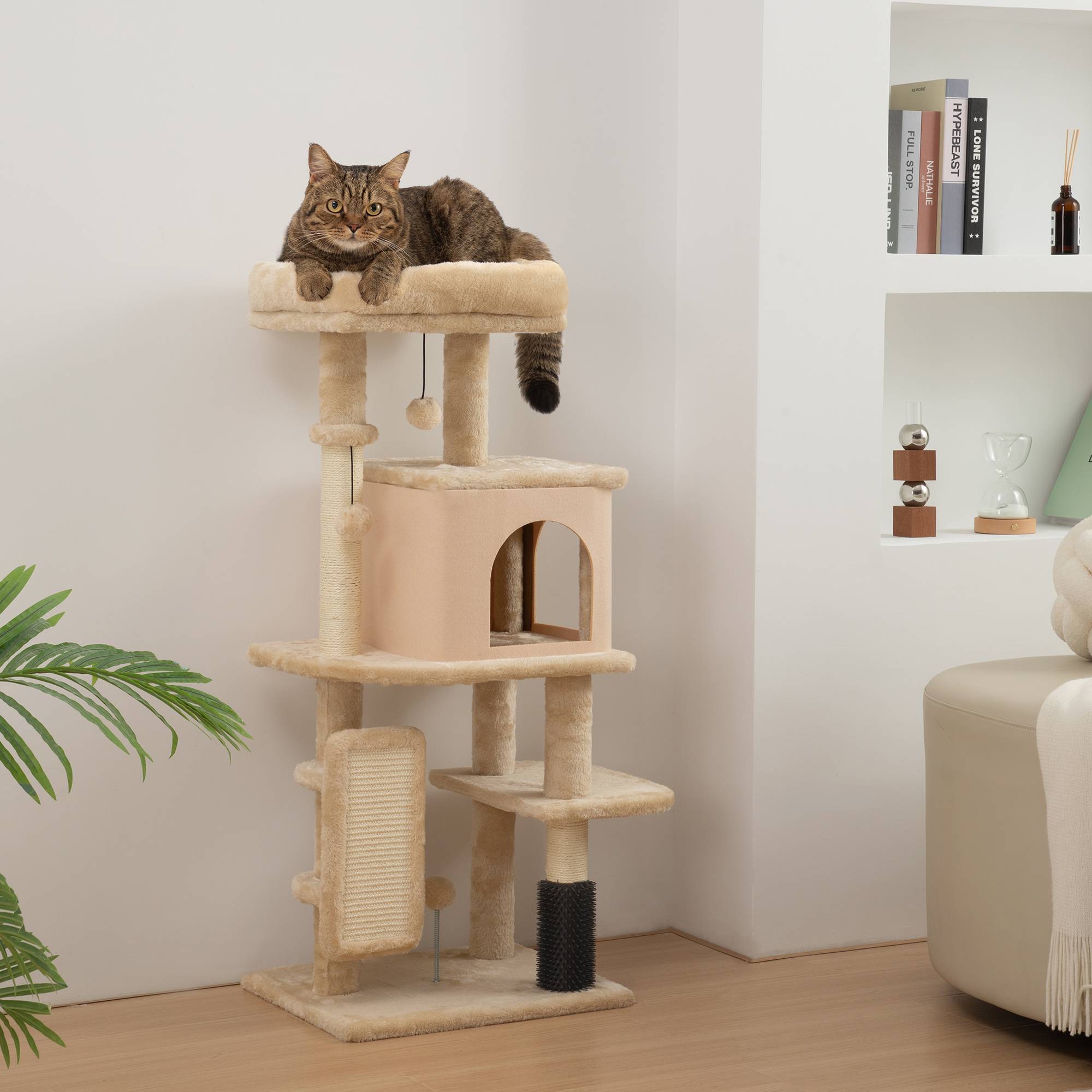 Arbre à chat beige 104 cm, griffoir, plateformes, poteau brosse, balles suspendues, tapis à griffer, complet - Image 3