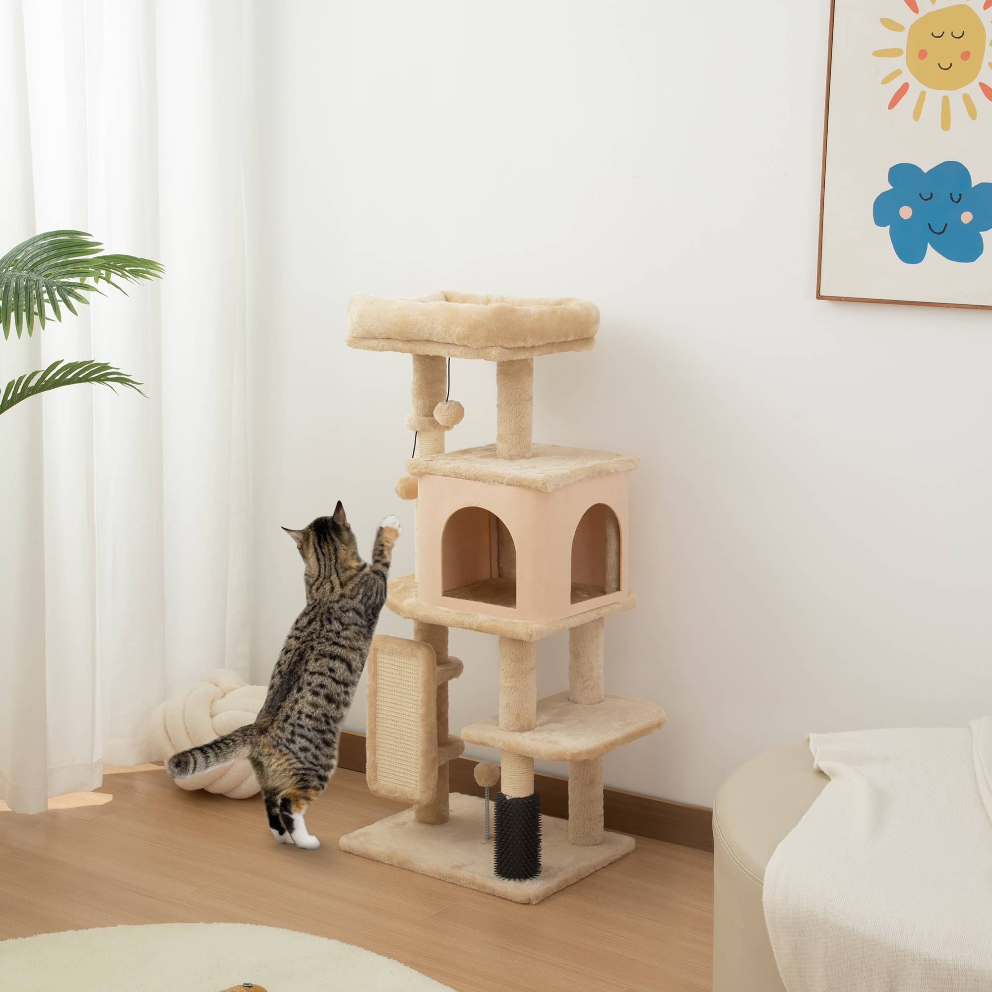 Arbre à chat beige 104 cm, griffoir, plateformes, poteau brosse, balles suspendues, tapis à griffer, complet - Image 4