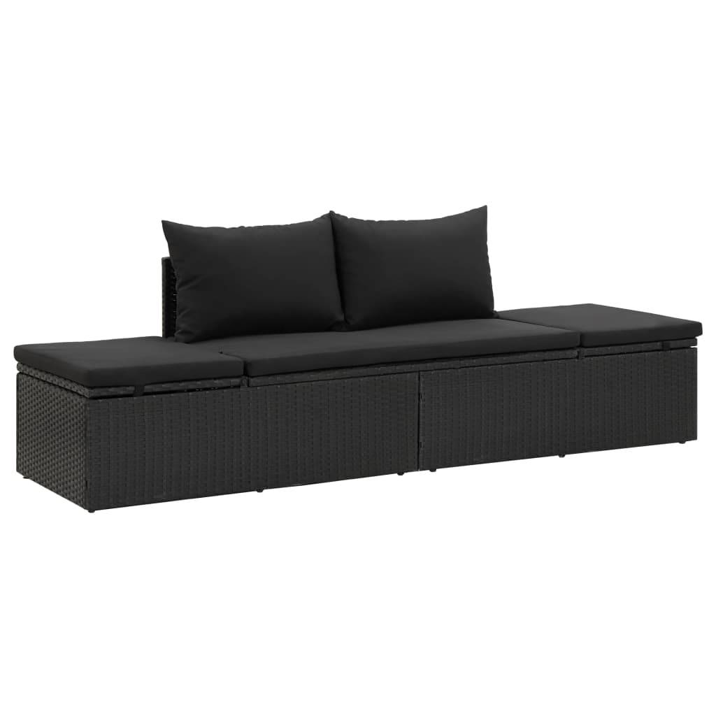 Helloshop26 - Transat chaise longue bain de soleil lit de jardin terrasse meuble d'extérieur avec coussins résine tressée noir - Image 2