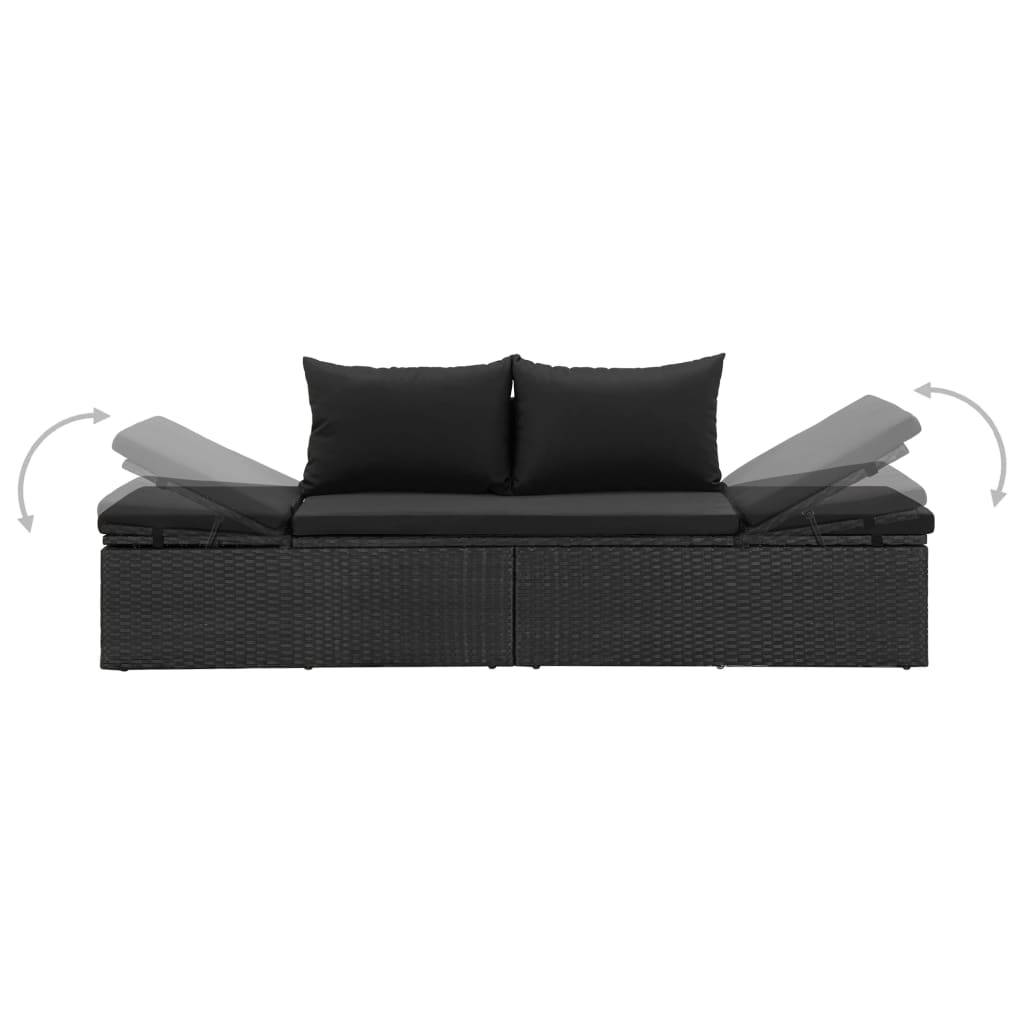 Helloshop26 - Transat chaise longue bain de soleil lit de jardin terrasse meuble d'extérieur avec coussins résine tressée noir - Image 3