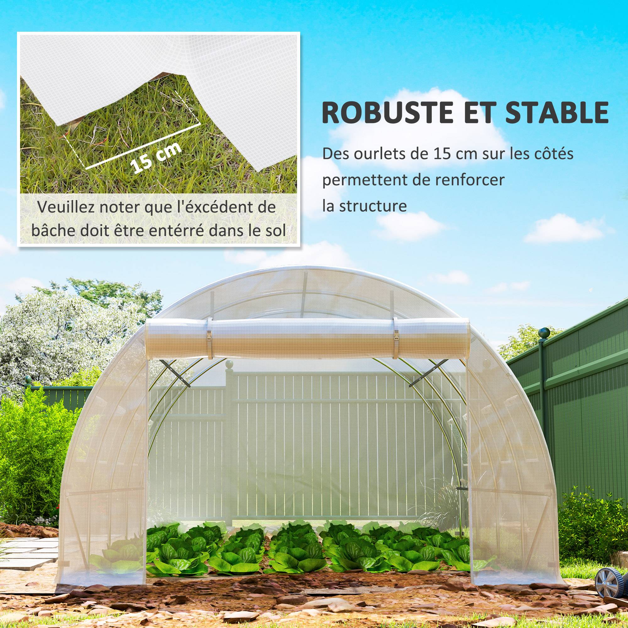 Bâche de rechange serre tunnel 12 m² 4 x 3 x 2 m PE anti-UV imperméable 8 fenêtres + porte enroulable zippée blanc - Image 7