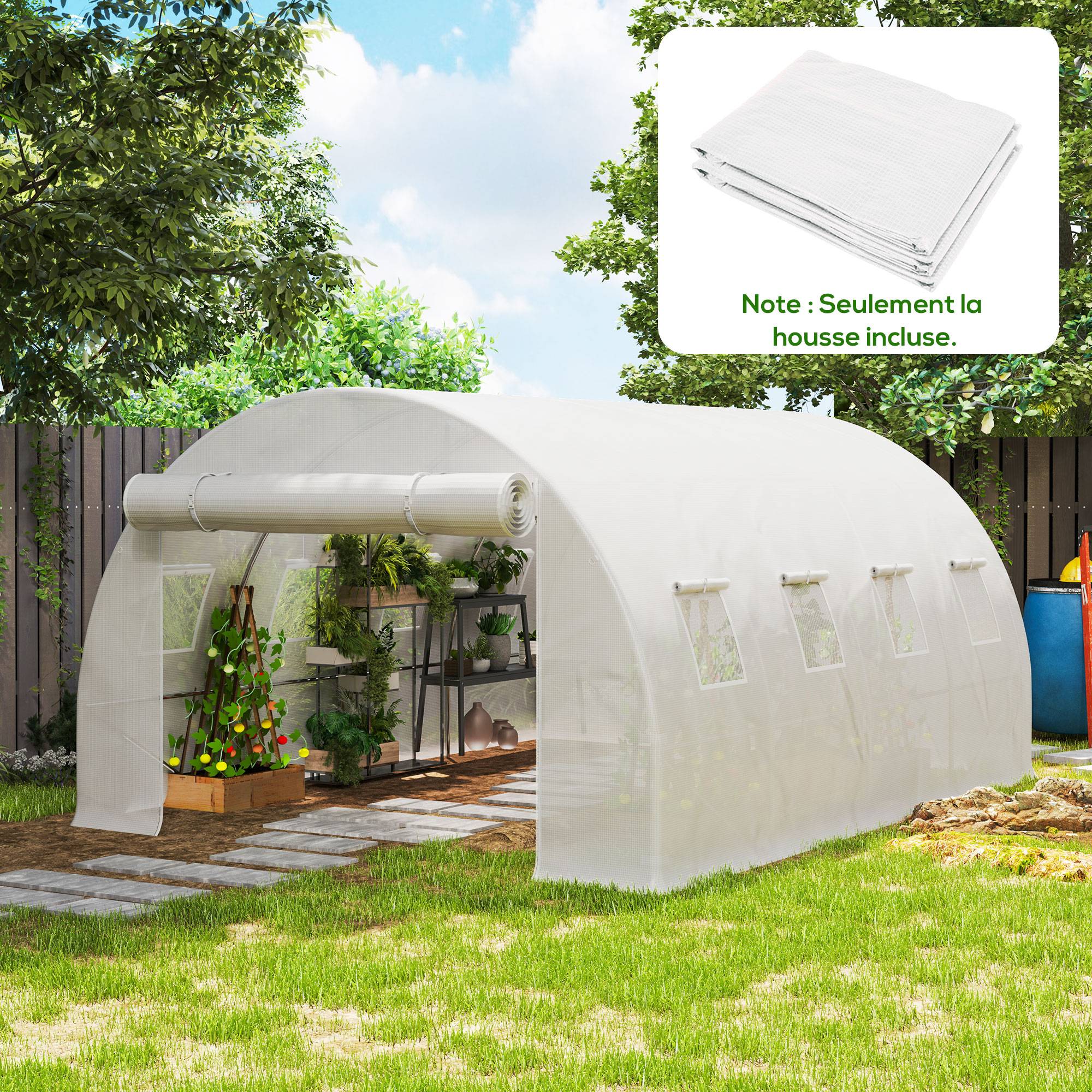 Bâche de rechange serre tunnel 12 m² 4 x 3 x 2 m PE anti-UV imperméable 8 fenêtres + porte enroulable zippée blanc - Image 3